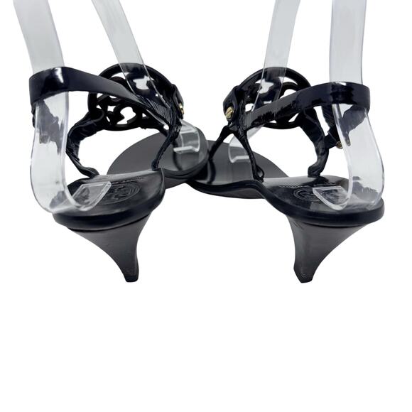 TORY BURCH Black Patent Leather Miller Kitten Heels Sandals Logo Classic Size 8 - Picture 4 of 8